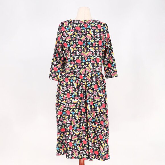 NWT DOLLY & DOTTY Black & Rainbow Retro Print Flare Dress Size 12 - Picture 5 of 9
